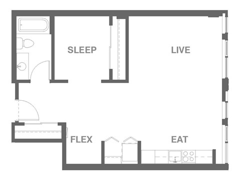 Floor plan for 1 bed, 1 bath, 692 sqft